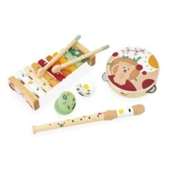 Janod Gamme Sunshine - Set Musical Bois - Xylophone, Tambourin, Castagnettes, Flûte - Couleurs Douces